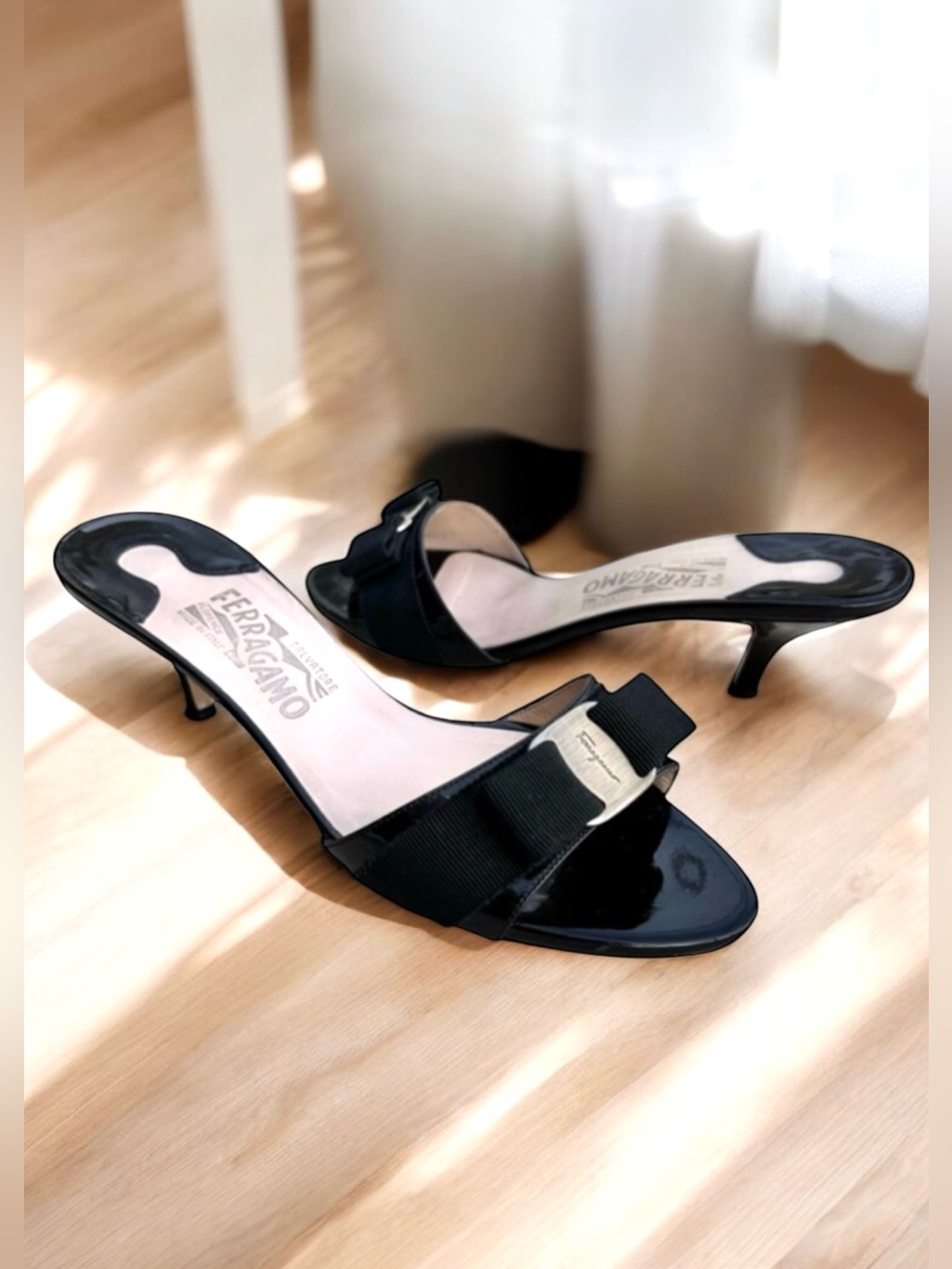 Salvatore Ferragamo Patent Mules Glory Black Sandals